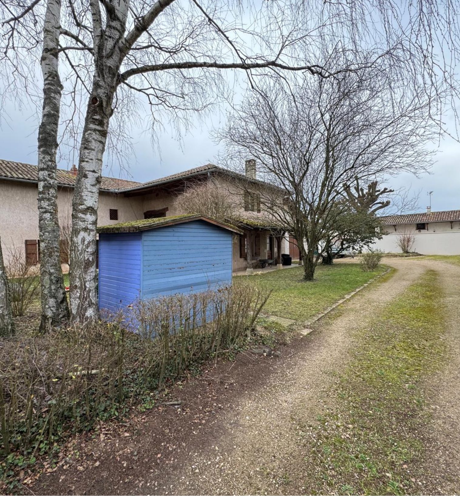 Chantier de rénovation maison ancienne Ain - Façade extérieure et jardin avant travaux.